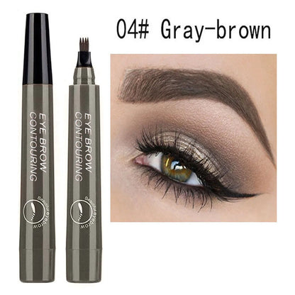 Four pronged liquid eyebrow pencil, long-lasting, non smudging, waterproof, and sweat resistant. Available in 5 colors