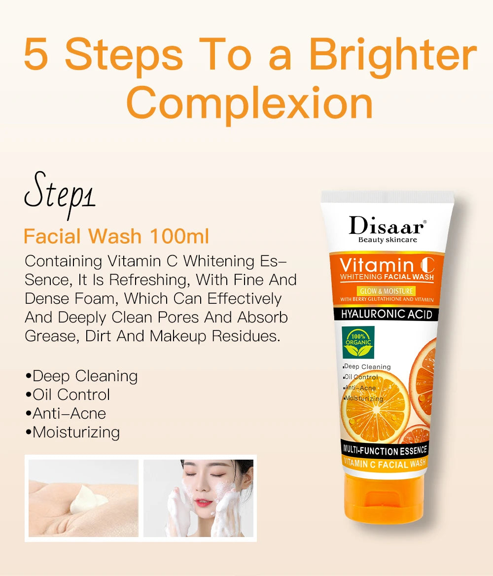 Disaar Vitamin C Facial Care Set Face Cleanser Fade Dark Circles Eye Cream Essence Lighten Spots VC Care