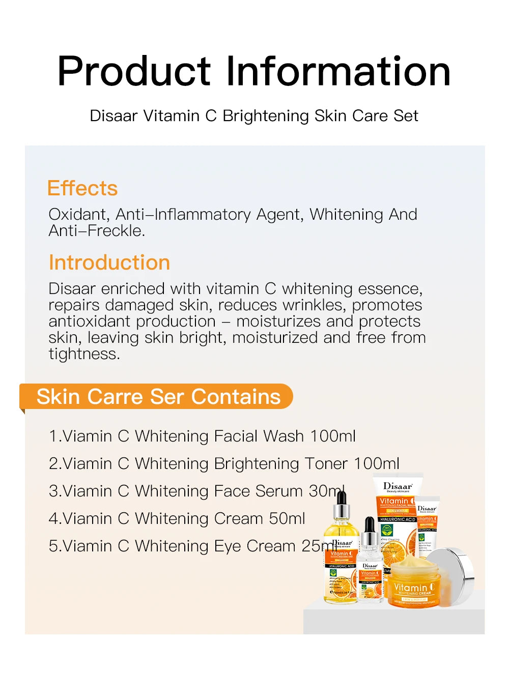 Disaar Vitamin C Facial Care Set Face Cleanser Fade Dark Circles Eye Cream Essence Lighten Spots VC Care