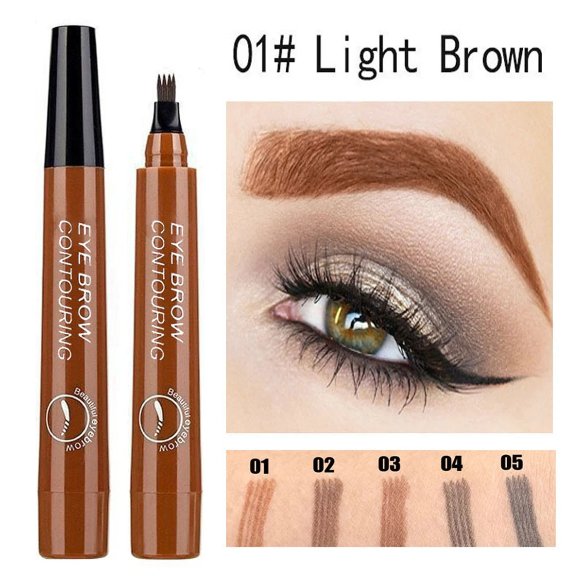 Four pronged liquid eyebrow pencil, long-lasting, non smudging, waterproof, and sweat resistant. Available in 5 colors