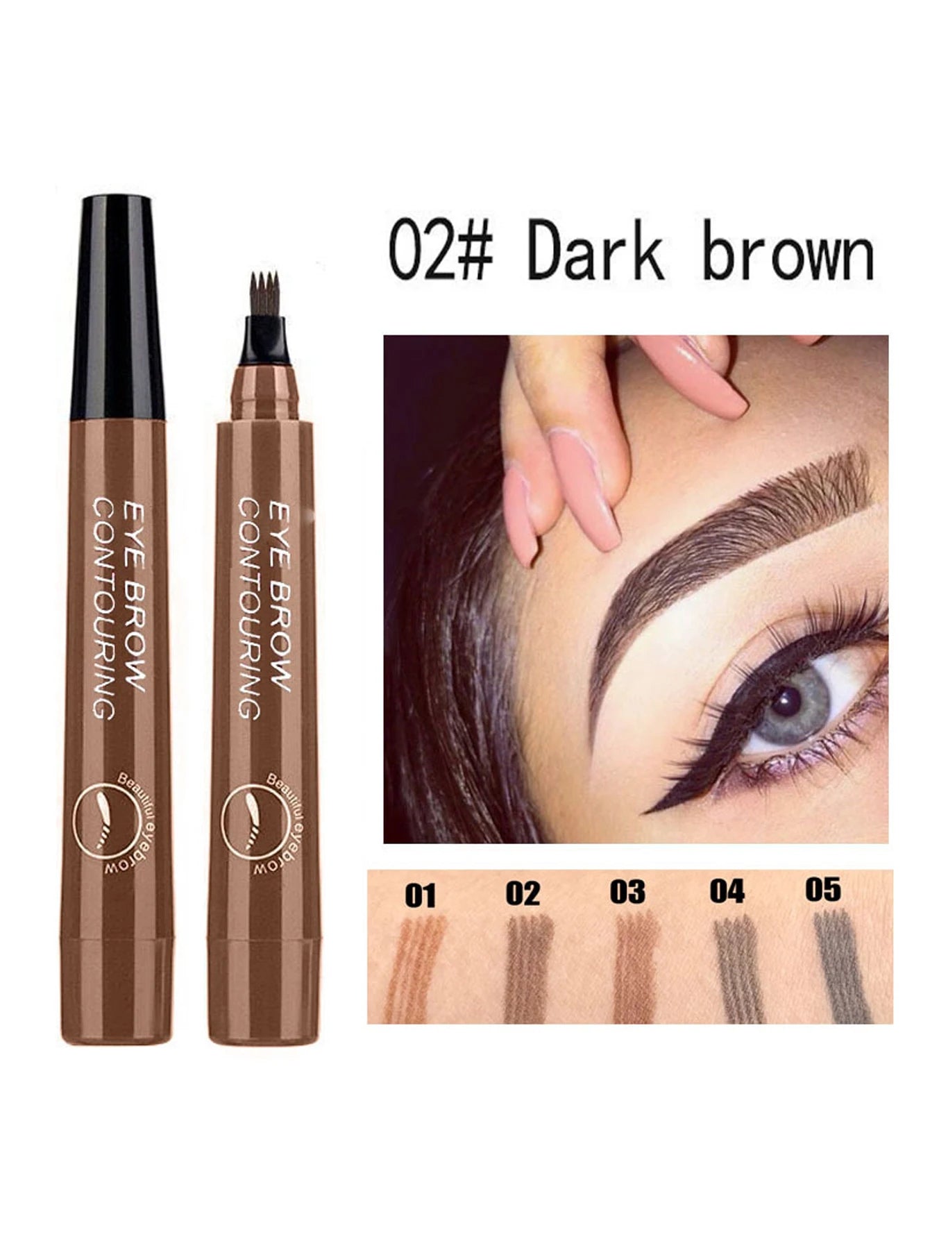 Four pronged liquid eyebrow pencil, long-lasting, non smudging, waterproof, and sweat resistant. Available in 5 colors