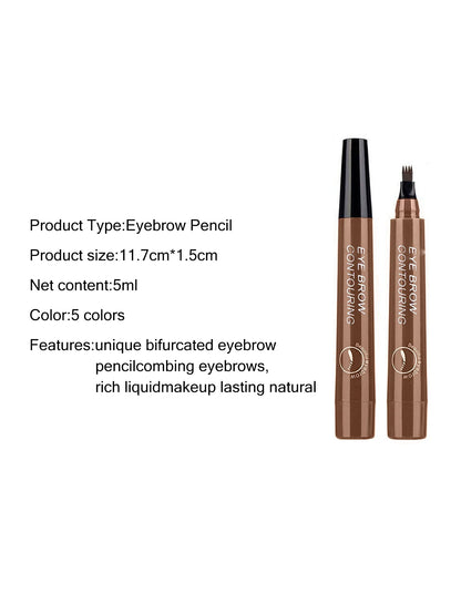 Four pronged liquid eyebrow pencil, long-lasting, non smudging, waterproof, and sweat resistant. Available in 5 colors