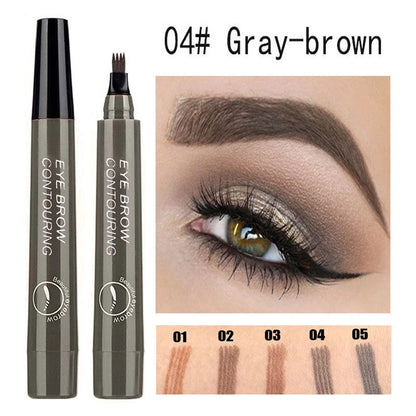 Four pronged liquid eyebrow pencil, long-lasting, non smudging, waterproof, and sweat resistant. Available in 5 colors