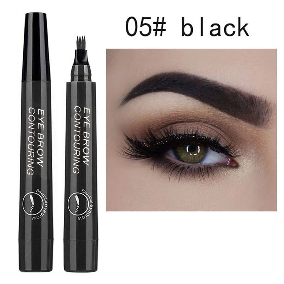 Four pronged liquid eyebrow pencil, long-lasting, non smudging, waterproof, and sweat resistant. Available in 5 colors