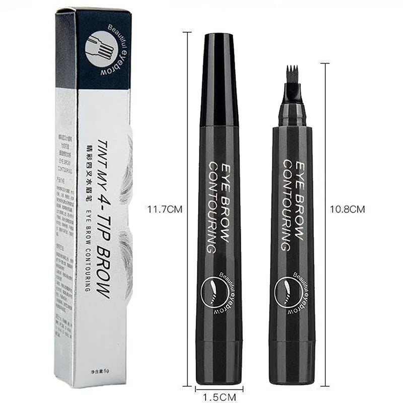 Four pronged liquid eyebrow pencil, long-lasting, non smudging, waterproof, and sweat resistant. Available in 5 colors