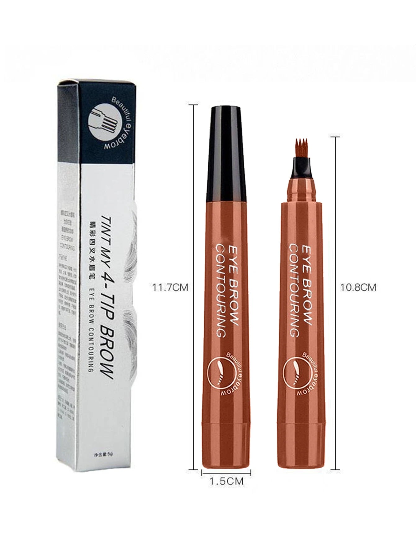 Four pronged liquid eyebrow pencil, long-lasting, non smudging, waterproof, and sweat resistant. Available in 5 colors