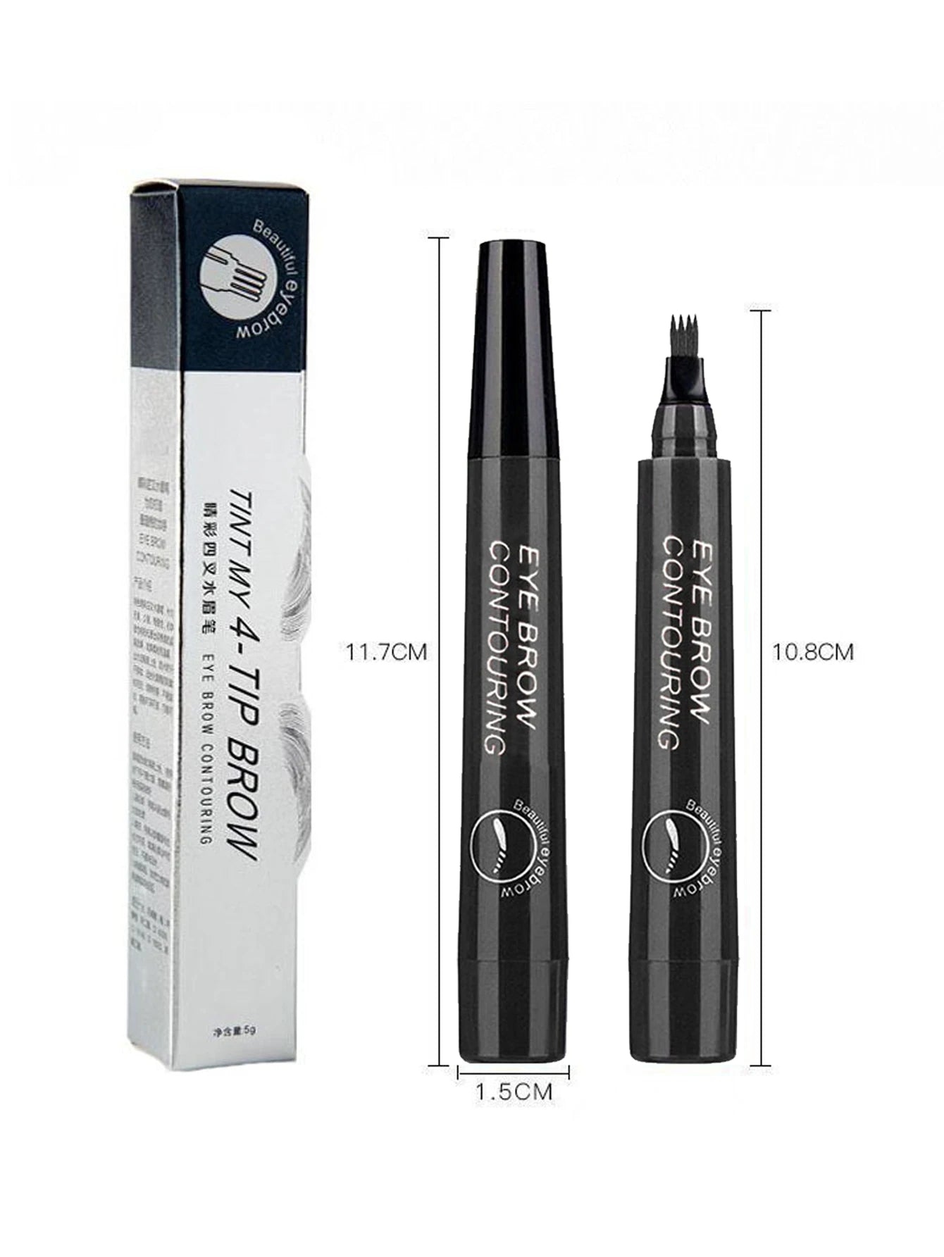 Four pronged liquid eyebrow pencil, long-lasting, non smudging, waterproof, and sweat resistant. Available in 5 colors