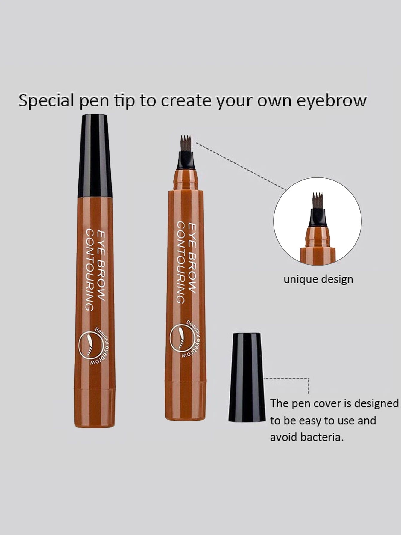 Four pronged liquid eyebrow pencil, long-lasting, non smudging, waterproof, and sweat resistant. Available in 5 colors