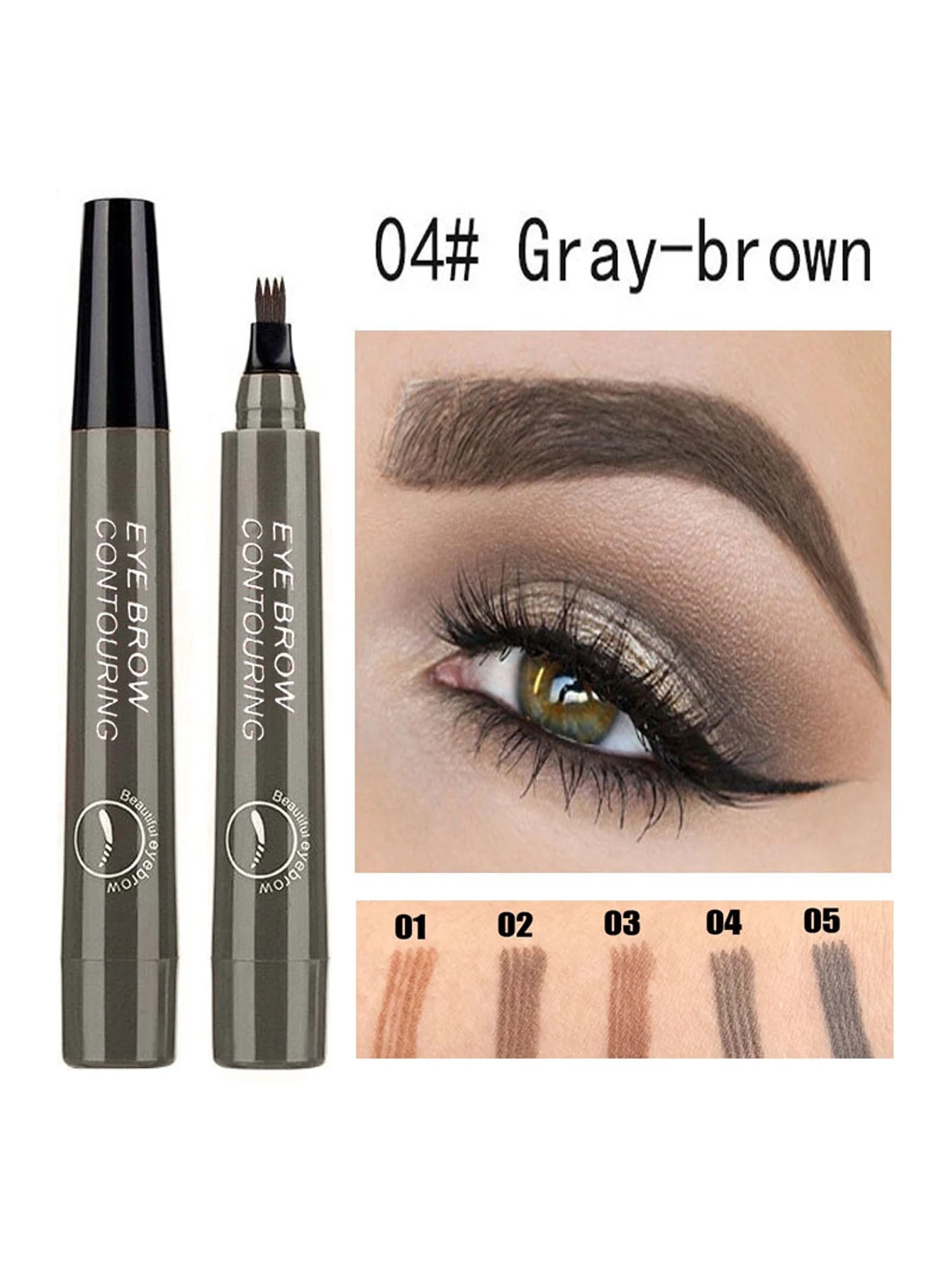 Four pronged liquid eyebrow pencil, long-lasting, non smudging, waterproof, and sweat resistant. Available in 5 colors