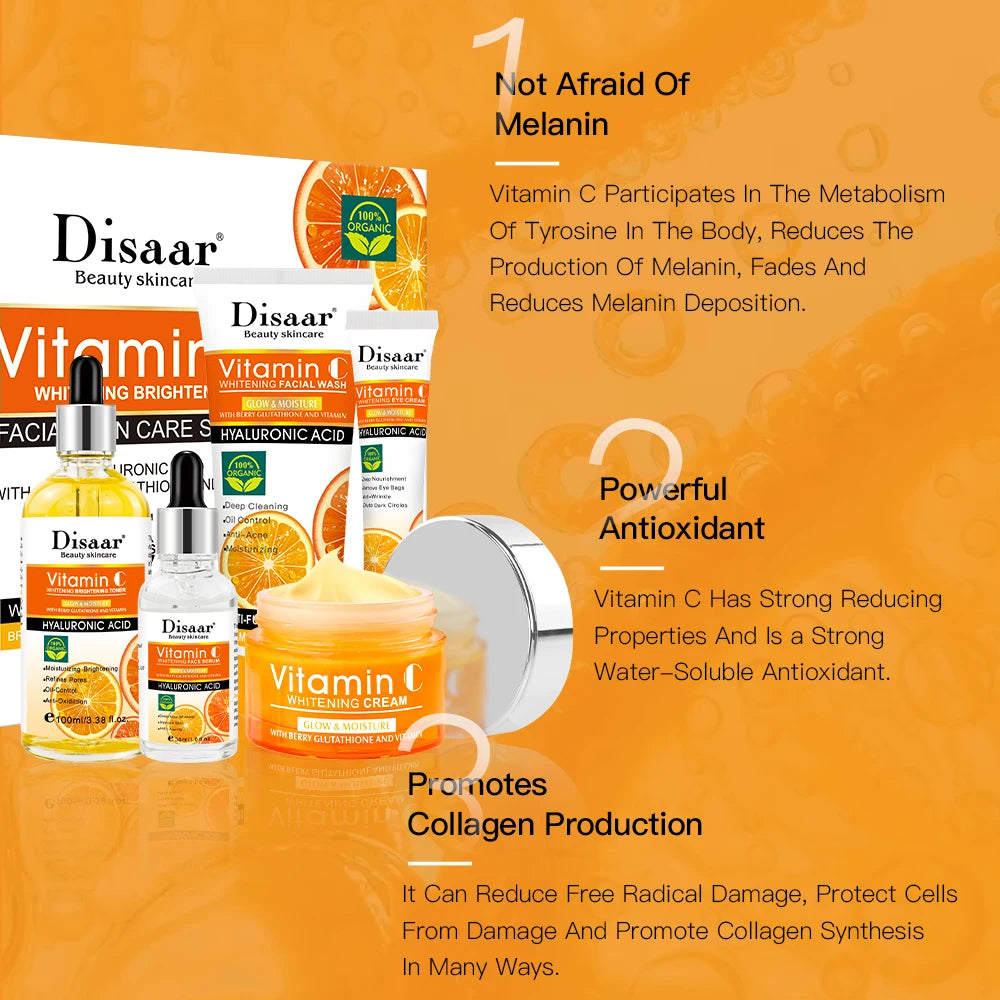 Disaar Vitamin C Facial Care Set Face Cleanser Fade Dark Circles Eye Cream Essence Lighten Spots VC Care