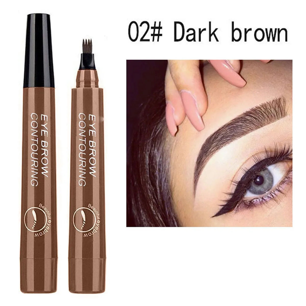 Four pronged liquid eyebrow pencil, long-lasting, non smudging, waterproof, and sweat resistant. Available in 5 colors