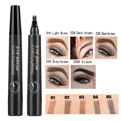 Four pronged liquid eyebrow pencil, long-lasting, non smudging, waterproof, and sweat resistant. Available in 5 colors