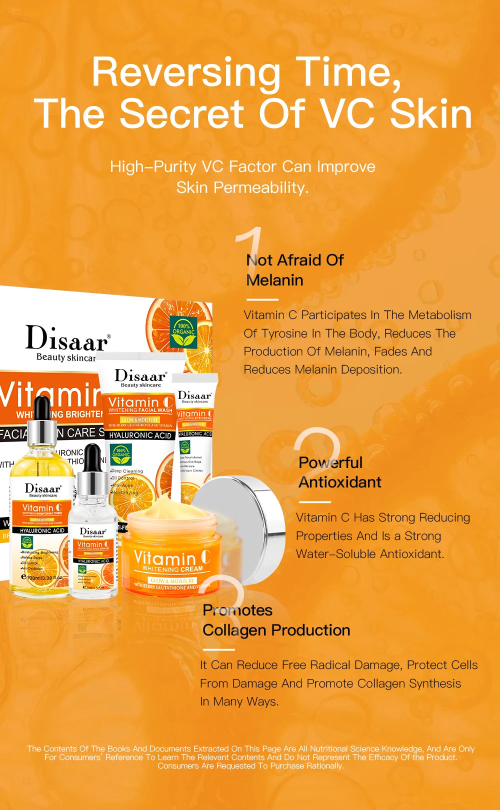 Disaar Vitamin C Facial Care Set Face Cleanser Fade Dark Circles Eye Cream Essence Lighten Spots VC Care