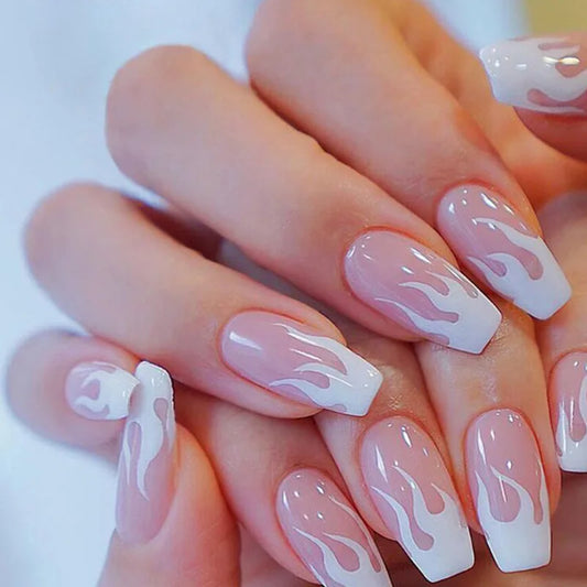 Short False Nail Pink Natural Nude Color White Flame French Fake Nail Tips Full Cover Acrylic For Girls Fingernails