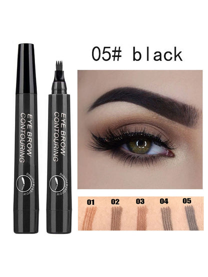 Four pronged liquid eyebrow pencil, long-lasting, non smudging, waterproof, and sweat resistant. Available in 5 colors