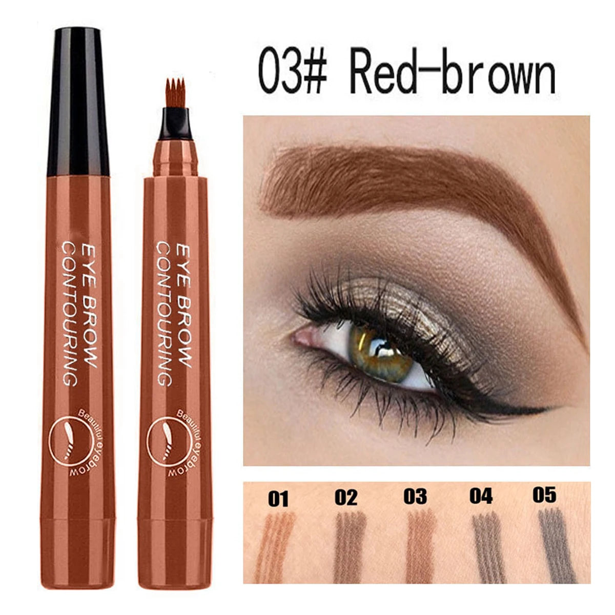 Four pronged liquid eyebrow pencil, long-lasting, non smudging, waterproof, and sweat resistant. Available in 5 colors