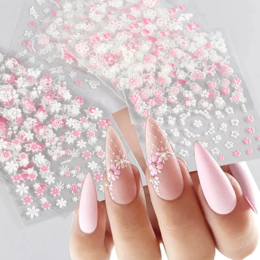 30Pcs Pink White Flowers Nail Sticker Set Sakura Cherry Cute Floral Decals Heart Moon Butterfly Sliders Nail Charms LA3D30set-01