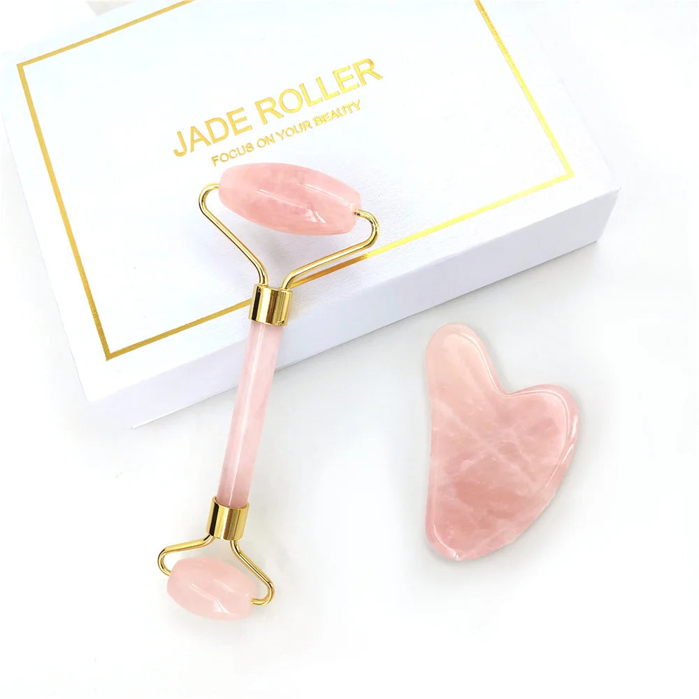 Natural Rose Quartz Jade Roller Gua Sha Set Facial Body Massager Roller Jade Stone Massage Set Face Lifting Beauty Massage Tool