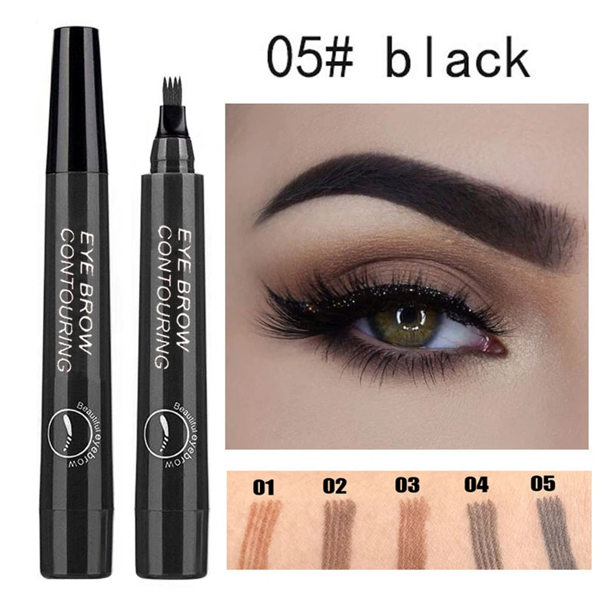 Four pronged liquid eyebrow pencil, long-lasting, non smudging, waterproof, and sweat resistant. Available in 5 colors