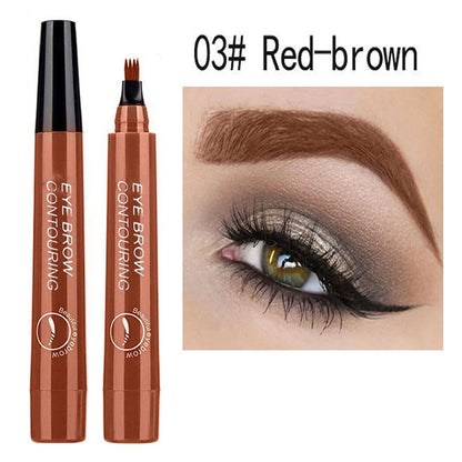 Four pronged liquid eyebrow pencil, long-lasting, non smudging, waterproof, and sweat resistant. Available in 5 colors