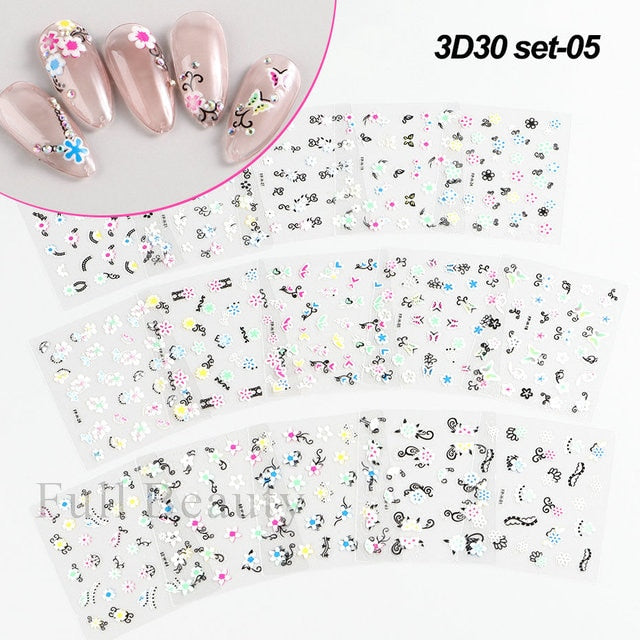 Elevate Your Nail Art with 30Pcs Pink White Flowers Nail Sticker Set - Charm Trove