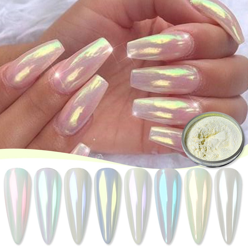 White Chrome Pearl Nail Powder Glitter Wedding Bride Nail Design Aurora Rubbing Dust Mirror Effect Fairy Powder Polish Flake - Charm Trove