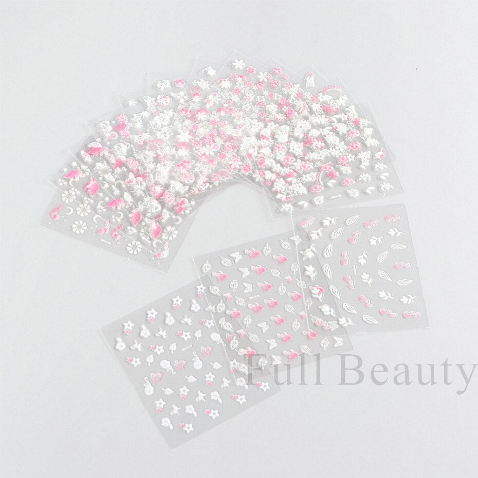 Elevate Your Nail Art with 30Pcs Pink White Flowers Nail Sticker Set - Charm Trove