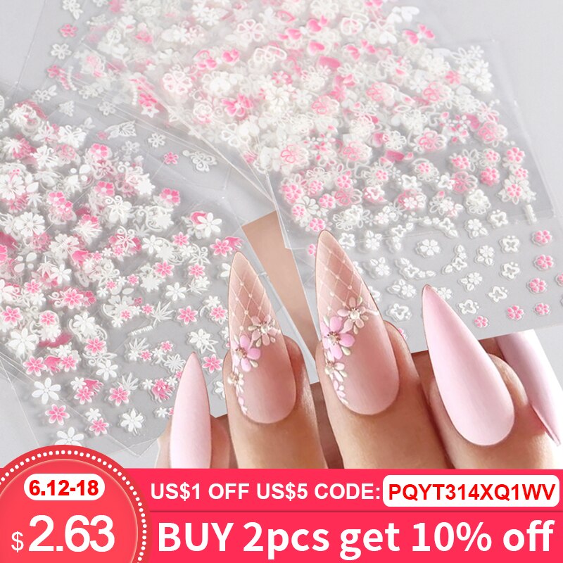 Elevate Your Nail Art with 30Pcs Pink White Flowers Nail Sticker Set - Charm Trove