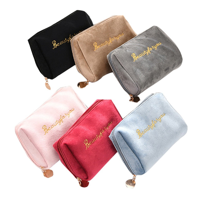 Stylish Velvet Women's Cosmetic Bag: Travel-Ready Makeup Organizer with Spacious Storage and Elegant Solid Color Design - Charm Trove