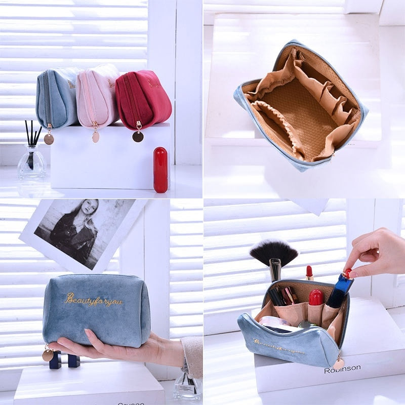 Stylish Velvet Women's Cosmetic Bag: Travel-Ready Makeup Organizer with Spacious Storage and Elegant Solid Color Design - Charm Trove