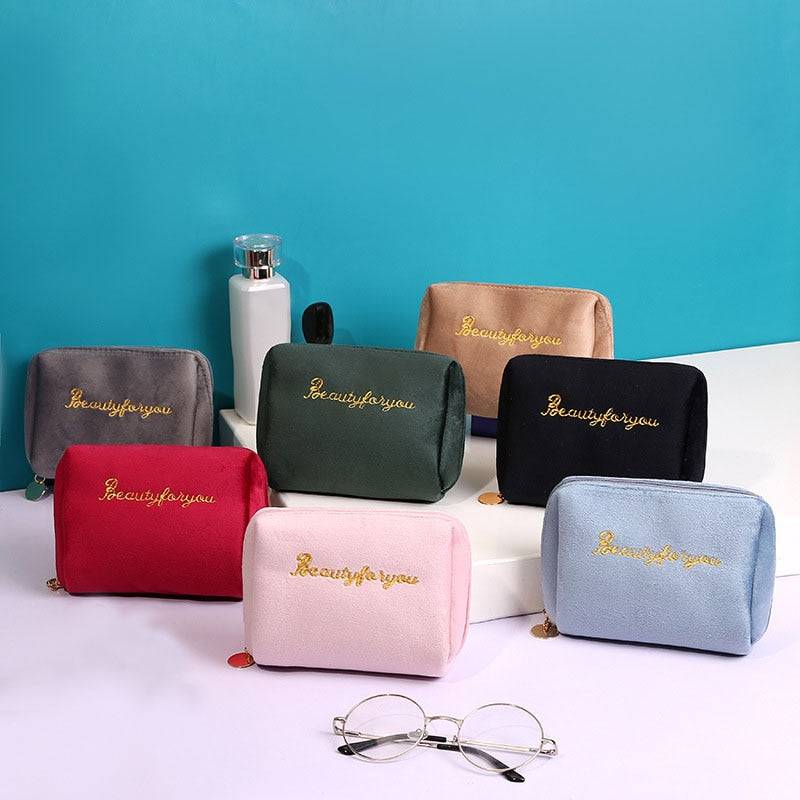 Stylish Velvet Women's Cosmetic Bag: Travel-Ready Makeup Organizer with Spacious Storage and Elegant Solid Color Design - Charm Trove